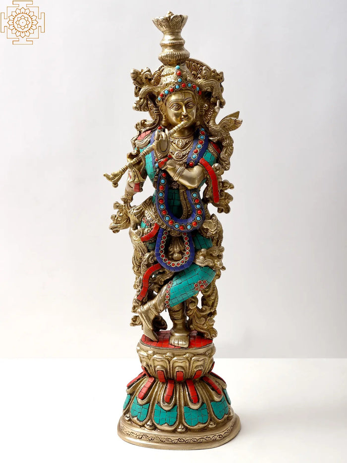 24" Handmade Fluting Krishna Brass Statue with Inlay Work