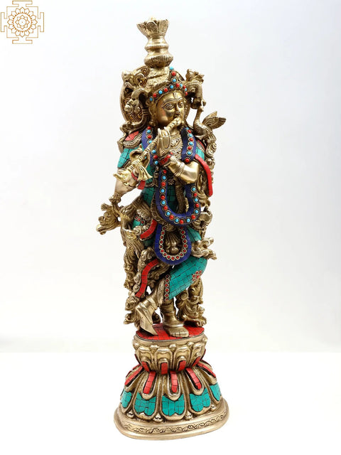 24" Fluting Krishna In Brass | Inlay Work | Handmade | Made In India