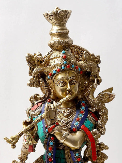24" Fluting Krishna In Brass | Inlay Work | Handmade | Made In India
