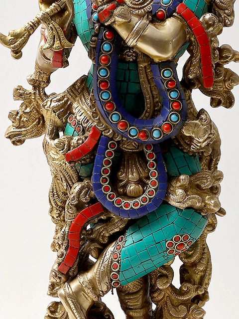 24" Fluting Krishna In Brass | Inlay Work | Handmade | Made In India
