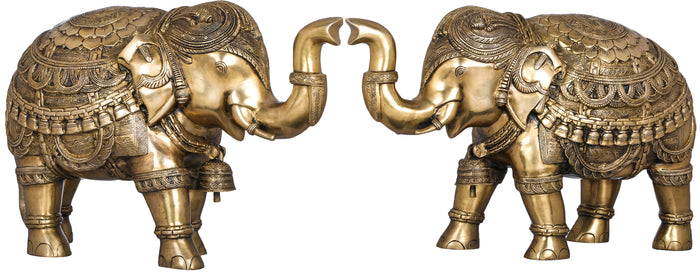Temple Elephant Pair Brass Statue with Bells and Upraised Trunks