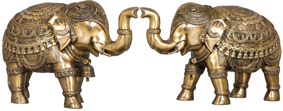 Temple Elephant Pair Brass Statue with Bells and Upraised Trunks
