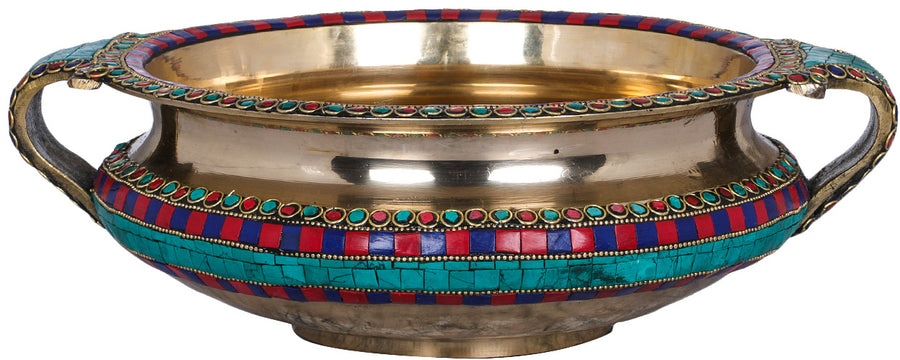 Brass Urli Bowl with Turquoise Inlay for Home Decor