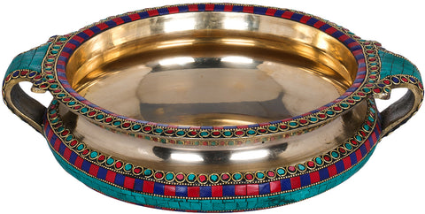 Brass Urli Bowl - Turquoise Inlay