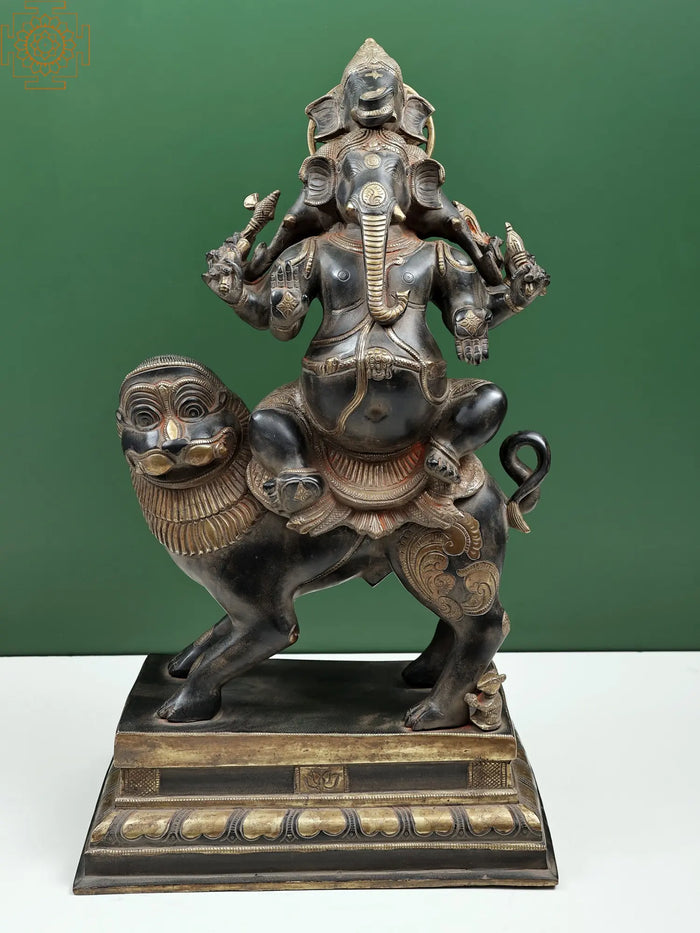 22" Heramba Ganesha Seated on Lion Brass Statue