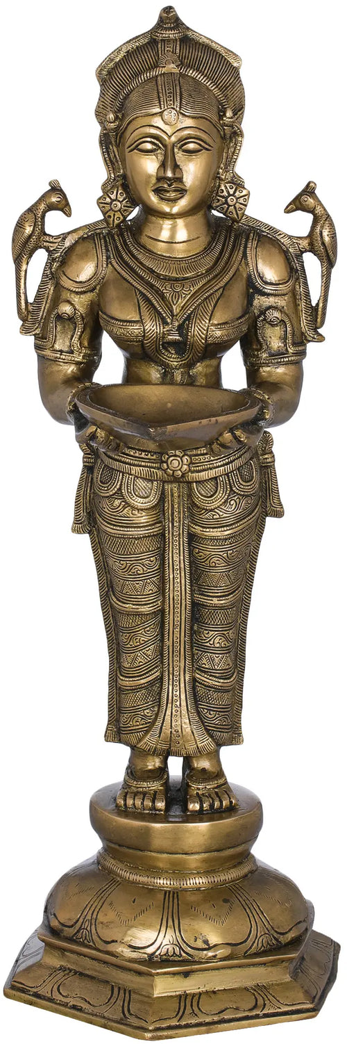 20" Brass Deepalakshmi Statue with Parrot Handmade Home Decor