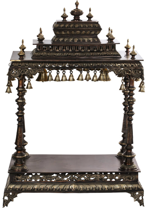 36" Burnished Temple with Stoopas on Roof and Dangling Bells in Brass