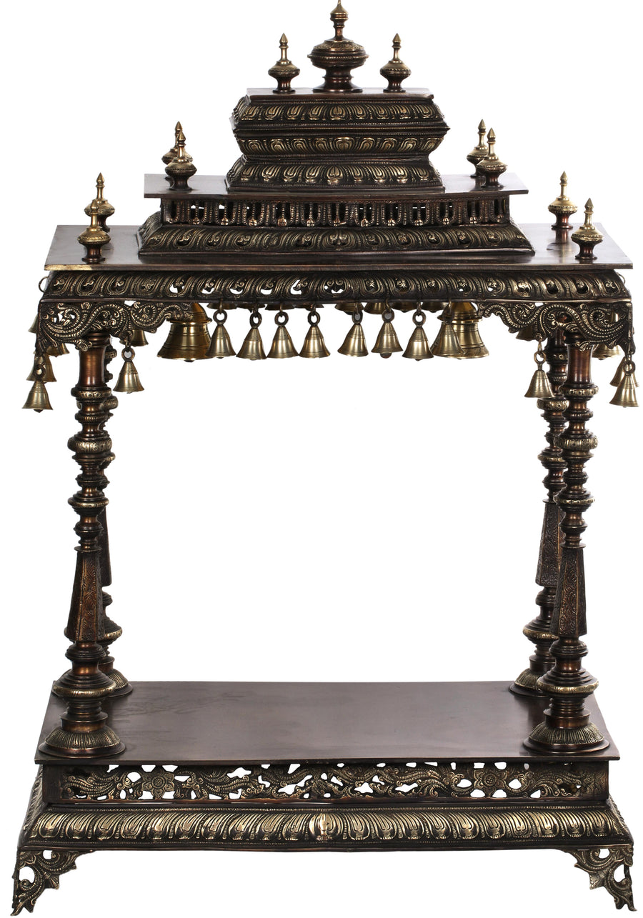 36" Brass Temple with Stoopas and Dangling Bells Sculpture