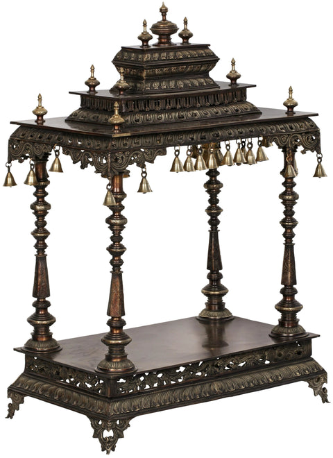 36" Burnished Temple with Stoopas on Roof and Dangling Bells in Brass