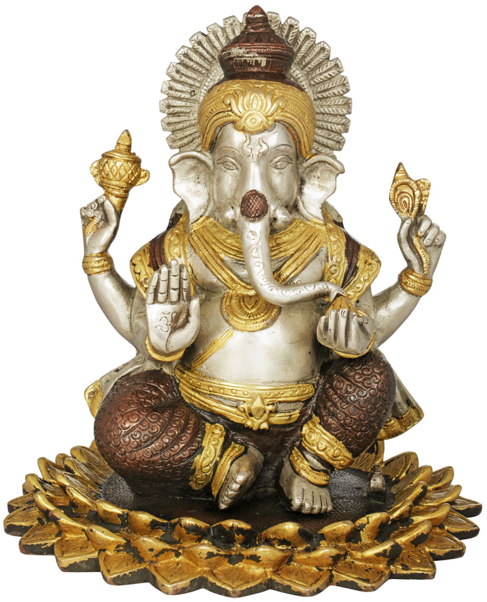 8" Lord Ganesha Seated On a Blooming Lotus In Brass | Handmade | Made In India