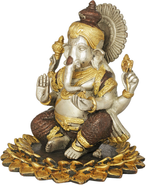 8" Lord Ganesha Seated On a Blooming Lotus In Brass | Handmade | Made In India