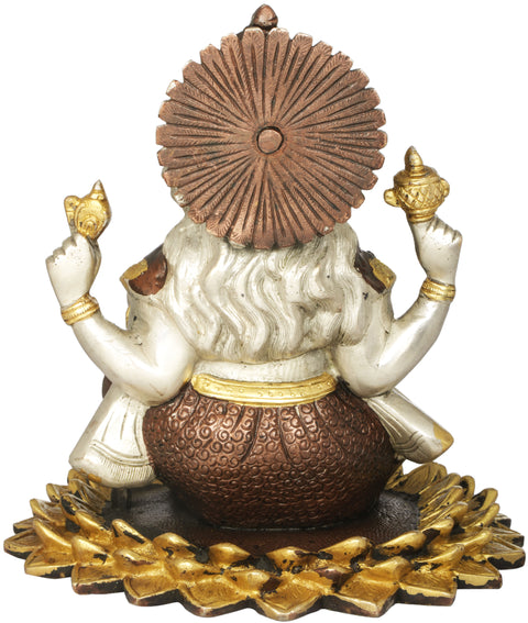 8" Lord Ganesha Seated On a Blooming Lotus In Brass | Handmade | Made In India
