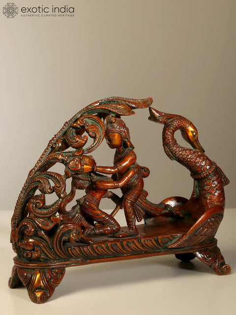 10" Amorous Radha Krishna On a Swan Boat In Brass | Handmade | Made In India