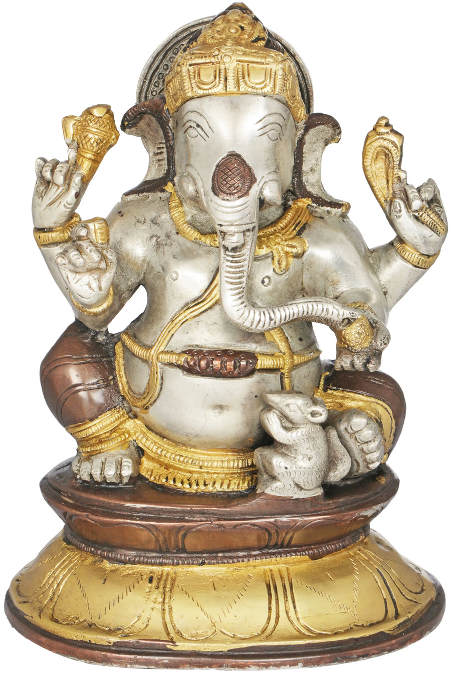 7" Chaturbhuja Ganesha with Mouse Brass Handmade Statue