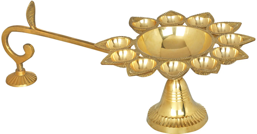 15" Eleven Wicks Brass Aarti Lamp Handmade for Pooja