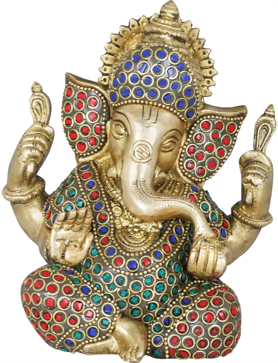 5" Blessing Ganesha Handmade Brass Statue with Inlay Work