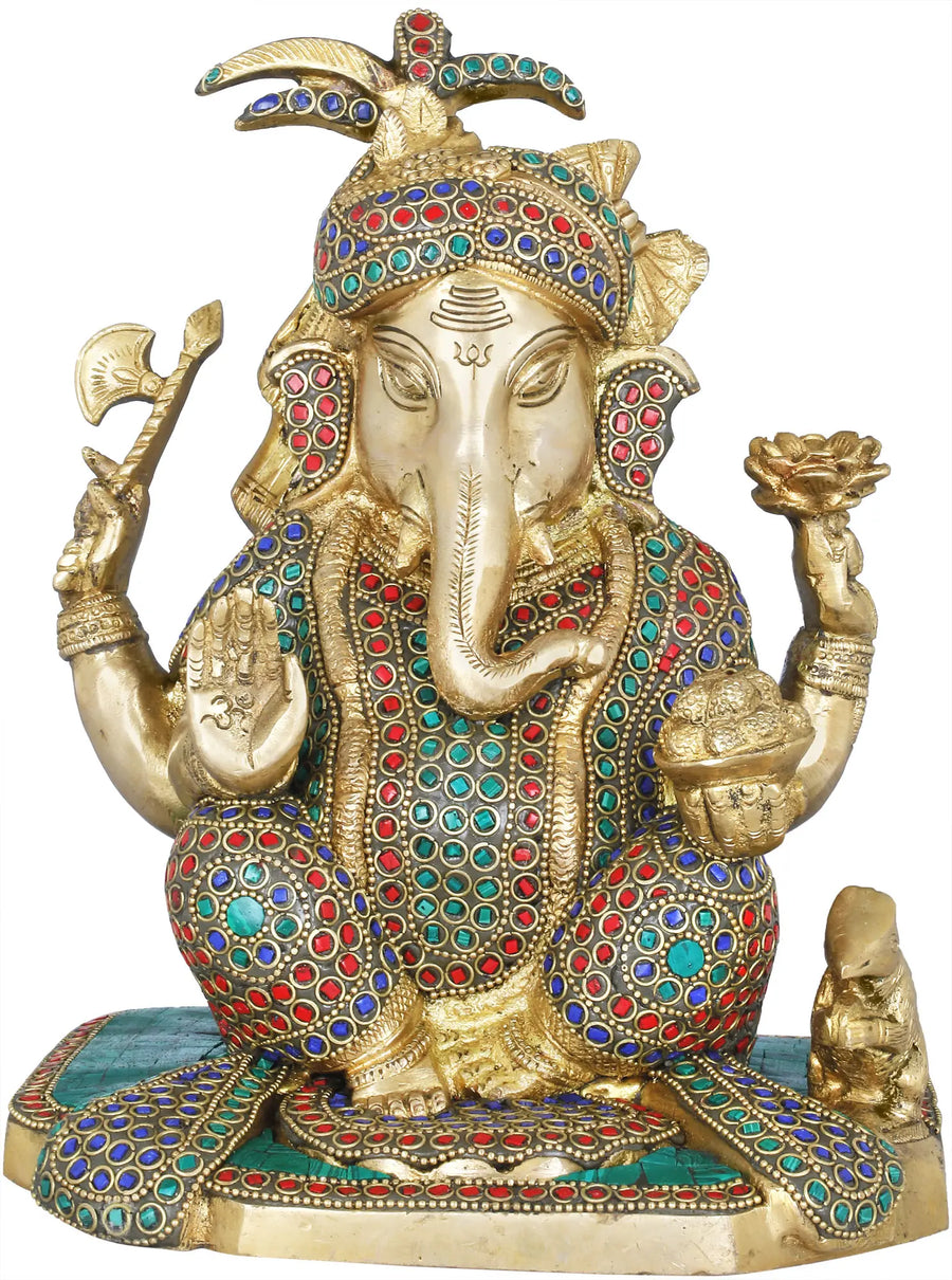 9" Handmade Turbaned Ganesha Brass Statue for Home Pooja