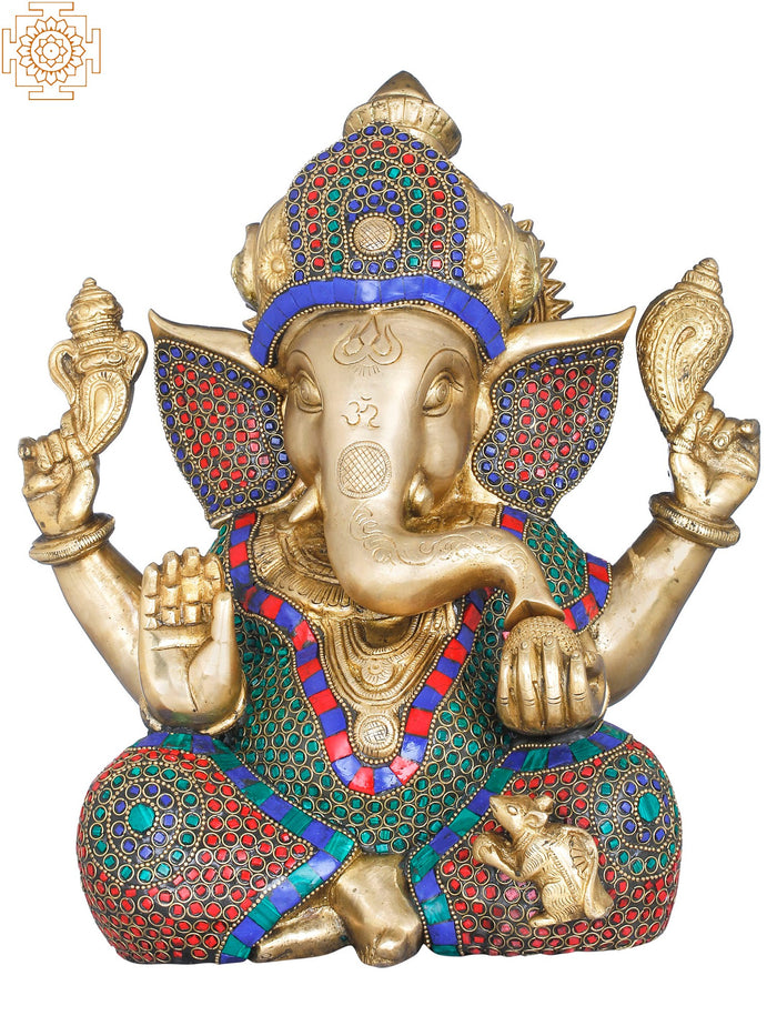 12" Crowned Ganesha Brass Statue Handmade