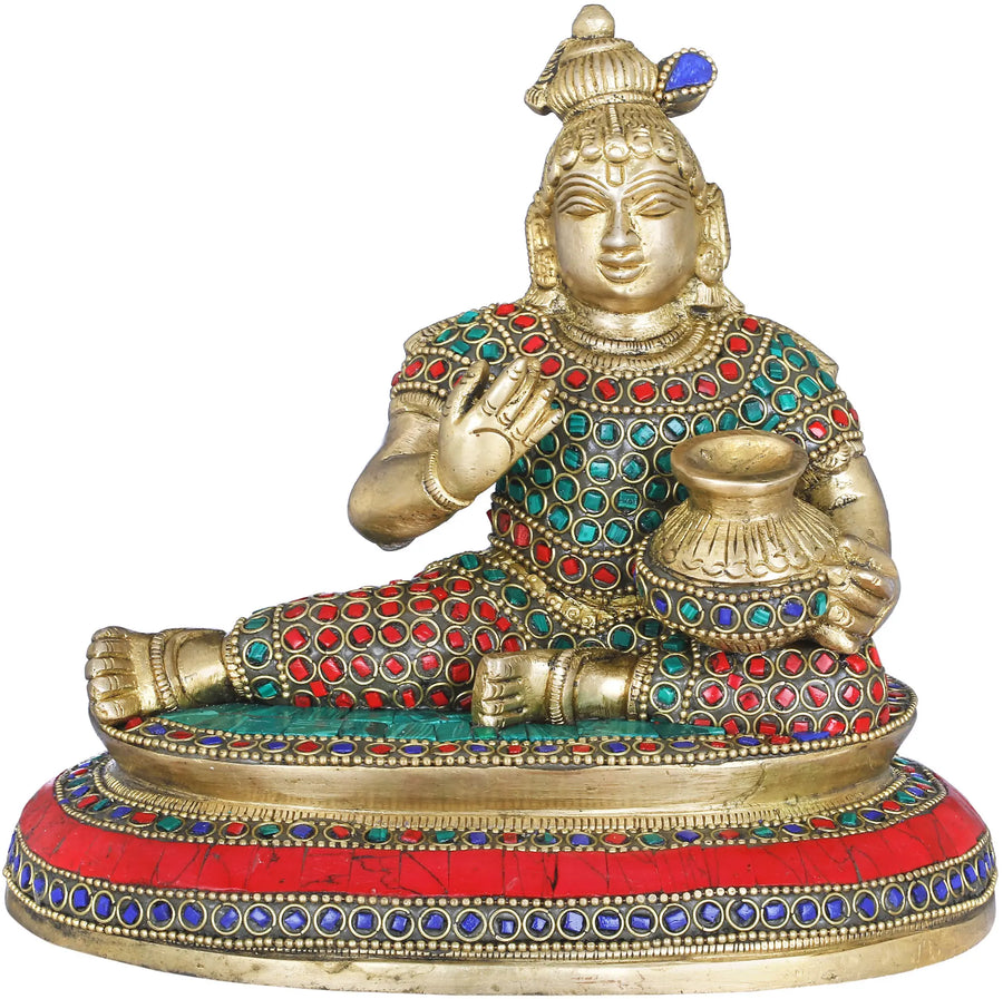4" Baby Krishna Brass Idol Stealing Butter Handmade