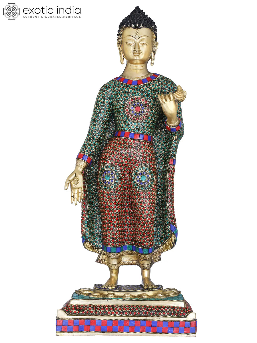 22" Standing Buddha Brass Statue with Inlay - Tibetan Buddhist Handmade