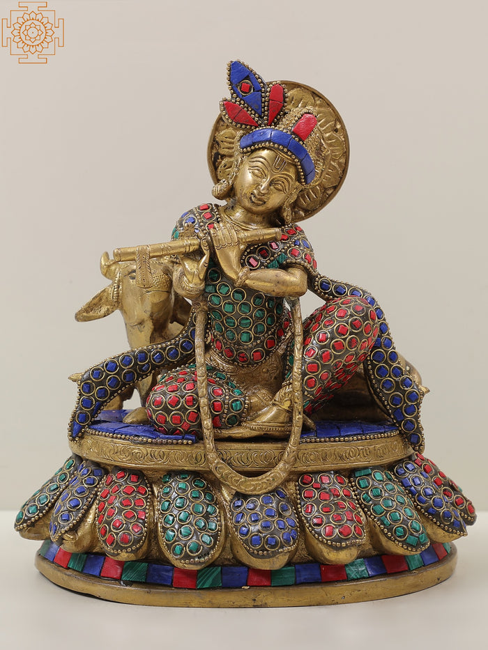 8" Krishna and Cow in their Rhythmic Posture In Brass | Handmade | Made In India