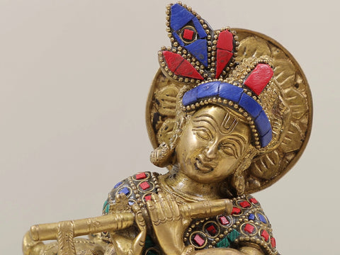 8" Krishna and Cow in their Rhythmic Posture in Brass | Handmade | Made in India