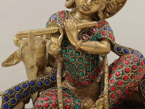 8" Krishna and Cow in their Rhythmic Posture in Brass | Handmade | Made in India