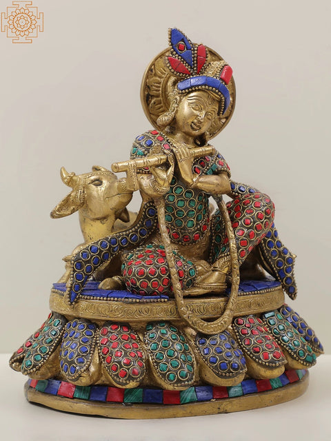 8" Krishna and Cow in their Rhythmic Posture in Brass | Handmade | Made in India