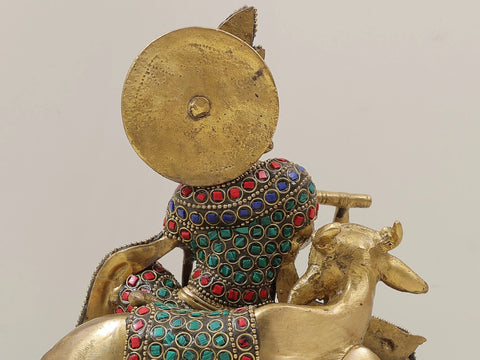 8" Krishna and Cow in their Rhythmic Posture in Brass | Handmade | Made in India