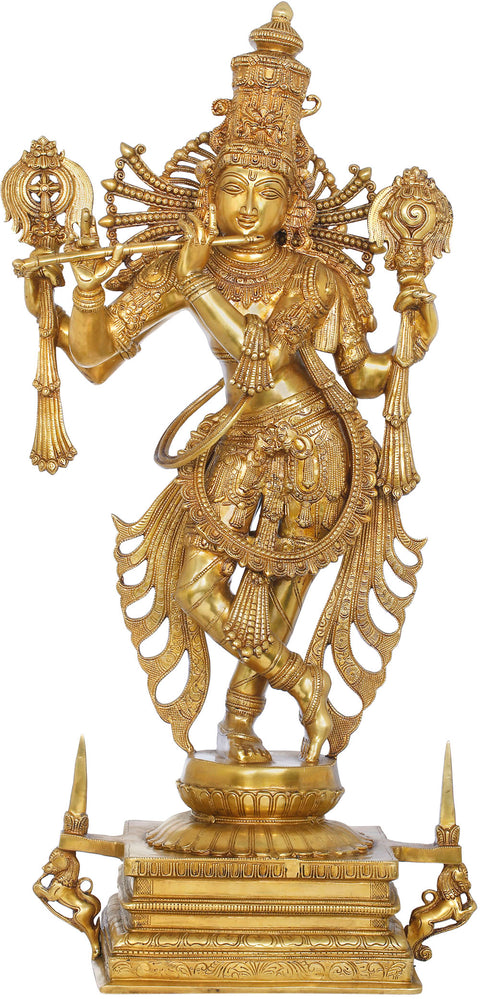40" Brass Tribhang Murari Chaturbhujadhari Krishna Idol with Towering Kirtimukha Crown