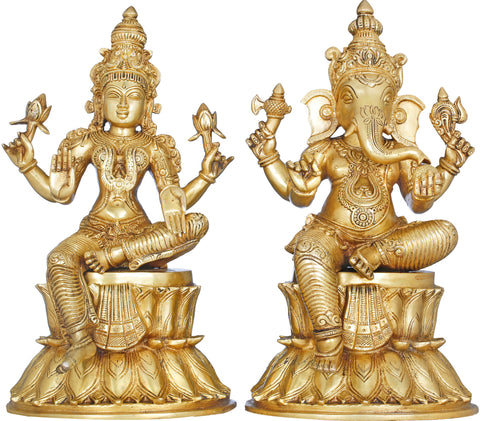 14" Lakshmi Ganesha Seated on Double Lotus In Brass | Handmade | Made In India