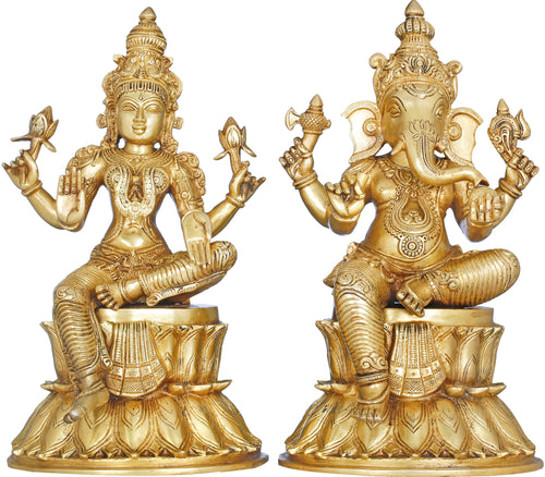 14" Lakshmi Ganesha Brass Statue Seated on Double Lotus Handmade