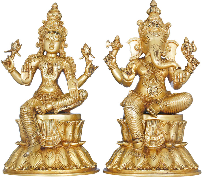 14" Lakshmi Ganesha Brass Statue Seated on Double Lotus Handmade