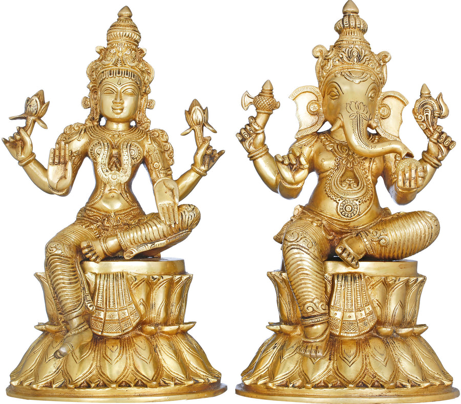 14" Lakshmi Ganesha Brass Statue Seated on Double Lotus Handmade