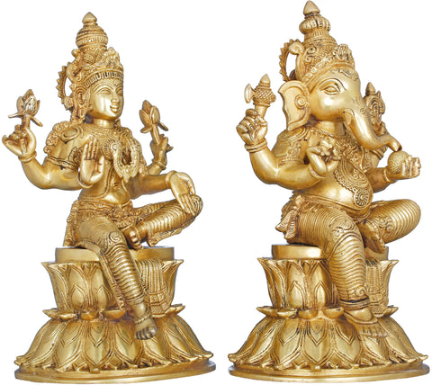 14" Lakshmi Ganesha Seated on Double Lotus In Brass | Handmade | Made In India