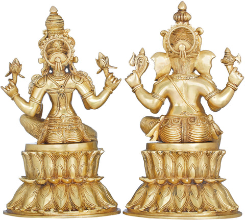 14" Lakshmi Ganesha Seated on Double Lotus In Brass | Handmade | Made In India