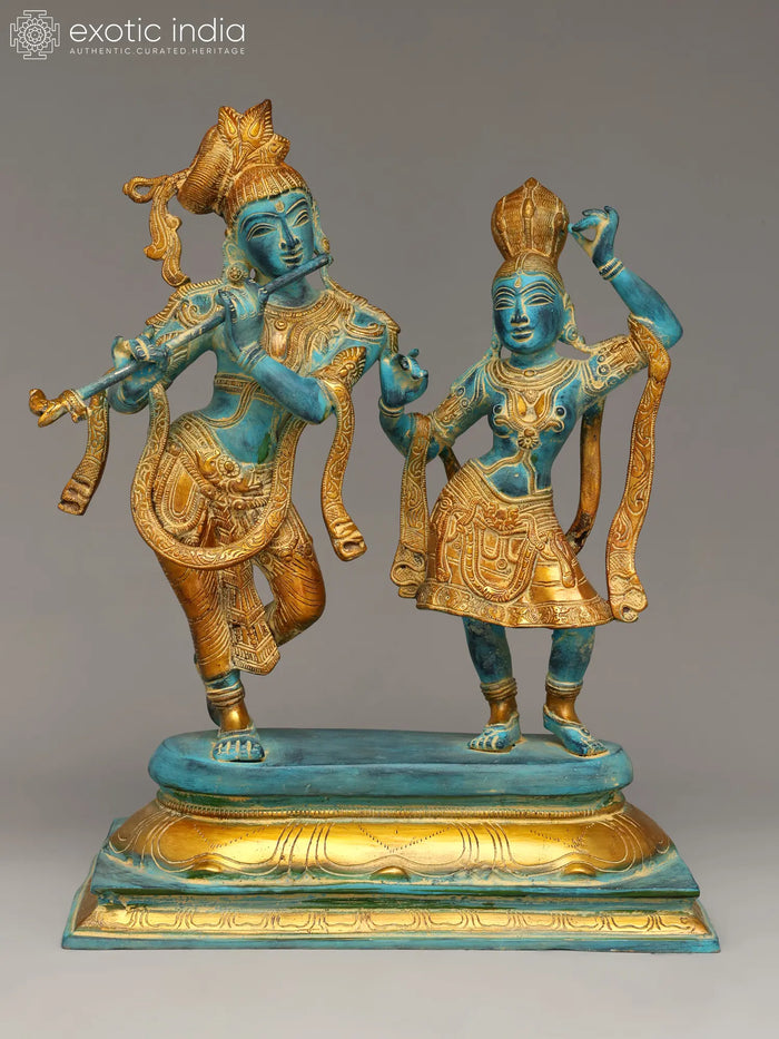 17" Handmade Brass Tribhang Krishna and Radha Dancing Statue