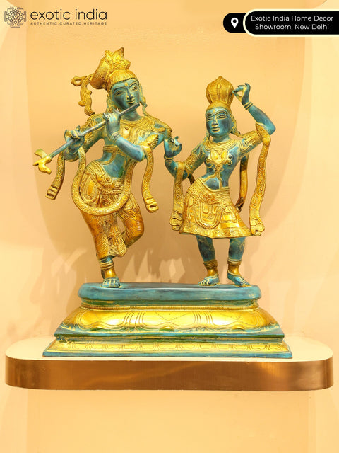 17" Tribhang Murari Krishna Looks on as Radha Dances | Handmade Brass Statue