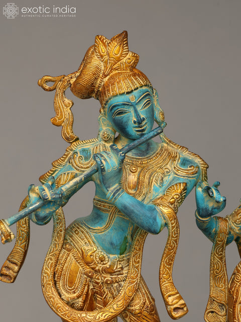 17" Tribhang Murari Krishna Looks on as Radha Dances | Handmade Brass Statue