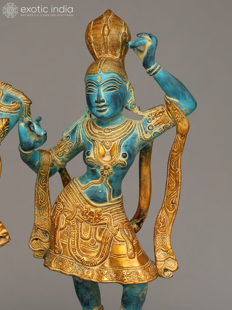 17" Tribhang Murari Krishna Looks on as Radha Dances | Handmade Brass Statue