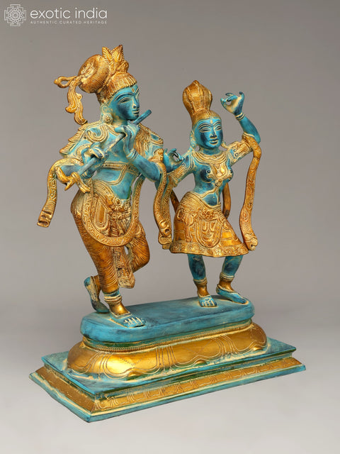17" Tribhang Murari Krishna Looks on as Radha Dances | Handmade Brass Statue