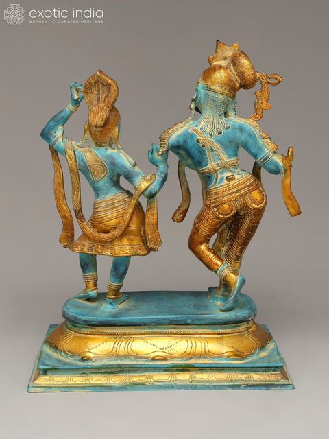 17" Tribhang Murari Krishna Looks on as Radha Dances | Handmade Brass Statue