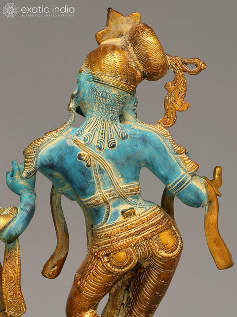 17" Tribhang Murari Krishna Looks on as Radha Dances | Handmade Brass Statue