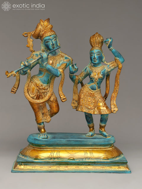 17" Tribhang Murari Krishna Looks on as Radha Dances | Handmade Brass Statue