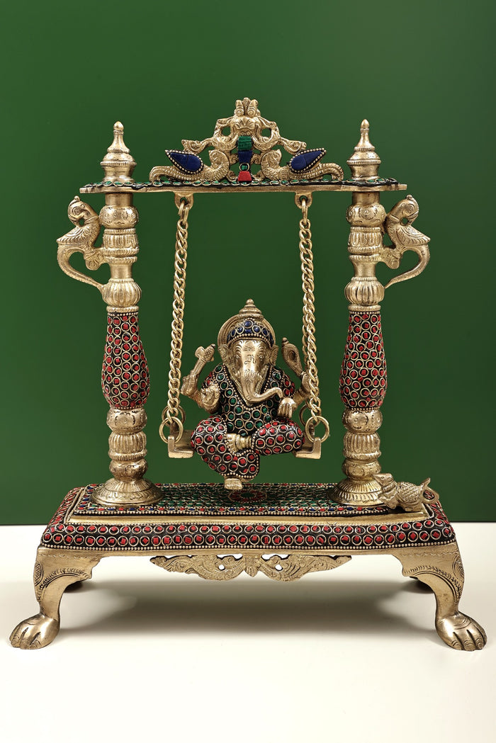 13" Handmade Brass Ganesha Idol on Swing with Inlay Work