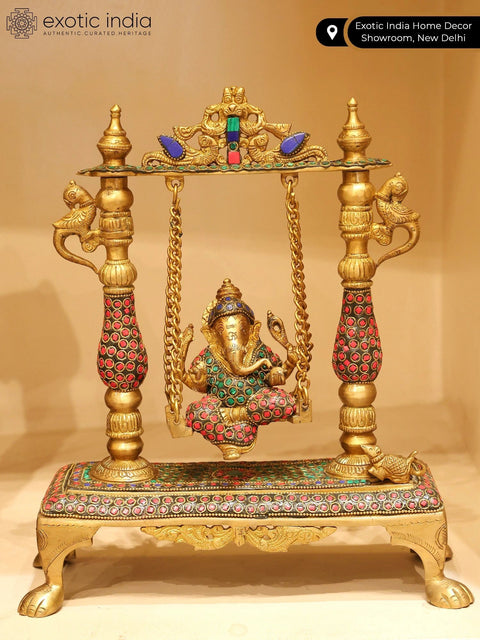 13" Brass Lord Ganesha Idol on a Swing with Inlay Work | Home Decor | Handmade