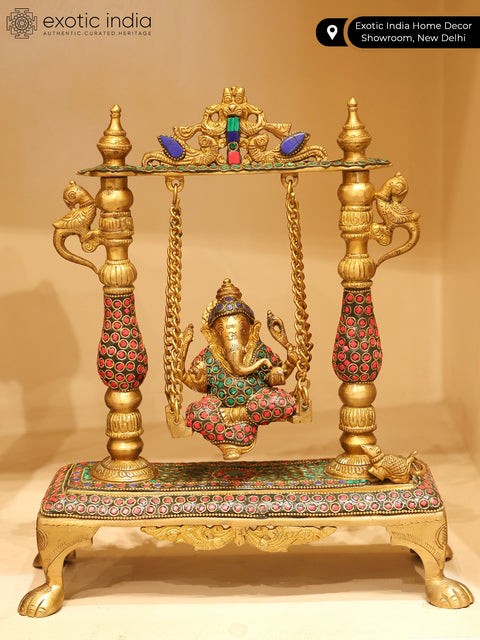 13" Brass Lord Ganesha Idol on a Swing with Inlay Work | Home Decor | Handmade