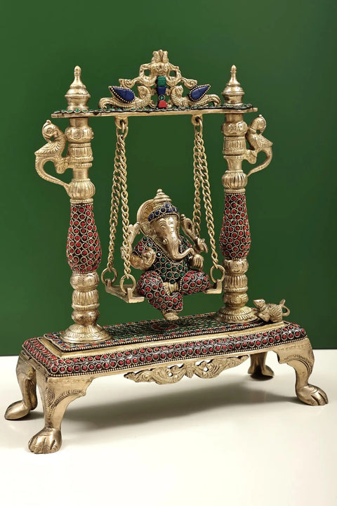 13" Brass Lord Ganesha Idol on a Swing with Inlay Work | Home Decor | Handmade