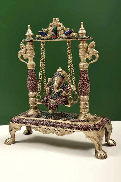 13" Brass Lord Ganesha Idol on a Swing with Inlay Work | Home Decor | Handmade