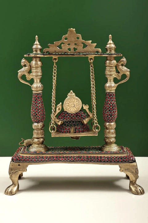 13" Brass Lord Ganesha Idol on a Swing with Inlay Work | Home Decor | Handmade
